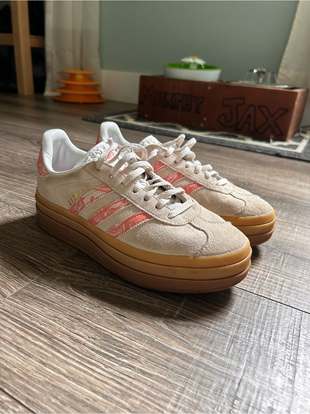 adidas Beige Suede Platform Sneakers with Coral Pink Stripes